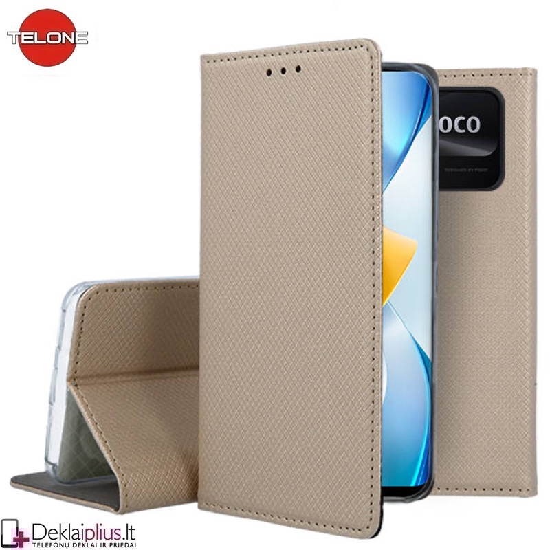 Telone atverčiamas dėklas - auksinės spalvos (telefonams Xiaomi Poco C40) Telone atverčiamas dėklas - auksinės spalvos (telefonams Xiaomi Poco C40)
